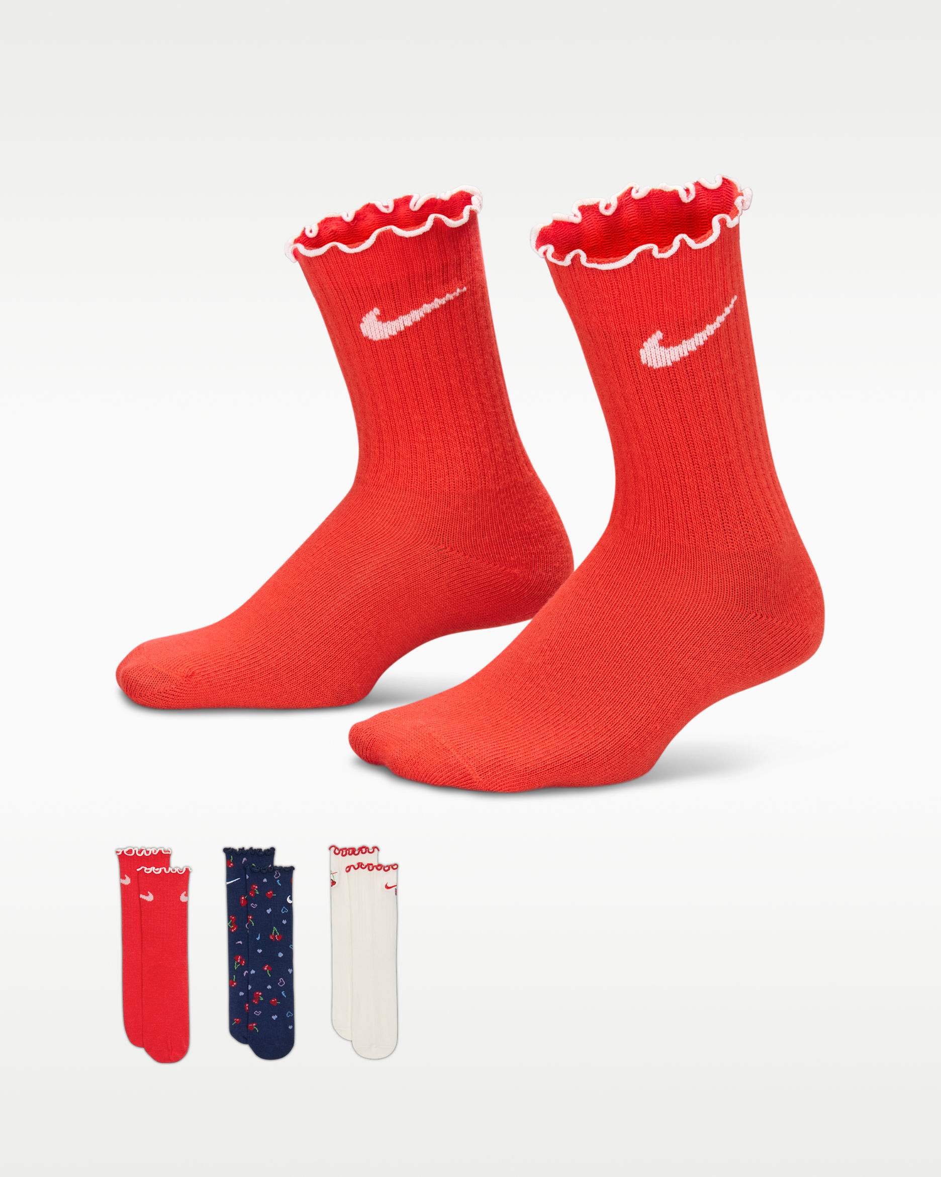 Nike Kids' Cherry Lettuce Hem Micro Crew Socks (3 Pairs). Nike SI